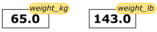 Assigning values to weight_kg and weight_lb.